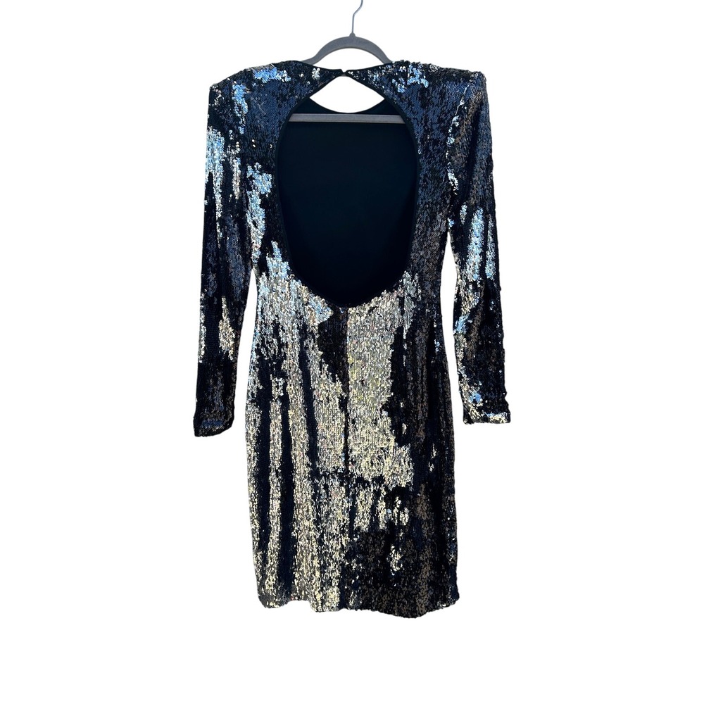 Naeem Khan Sequin Mini Dress Black Silver Open Back Long Sleeve Cocktail sz 4